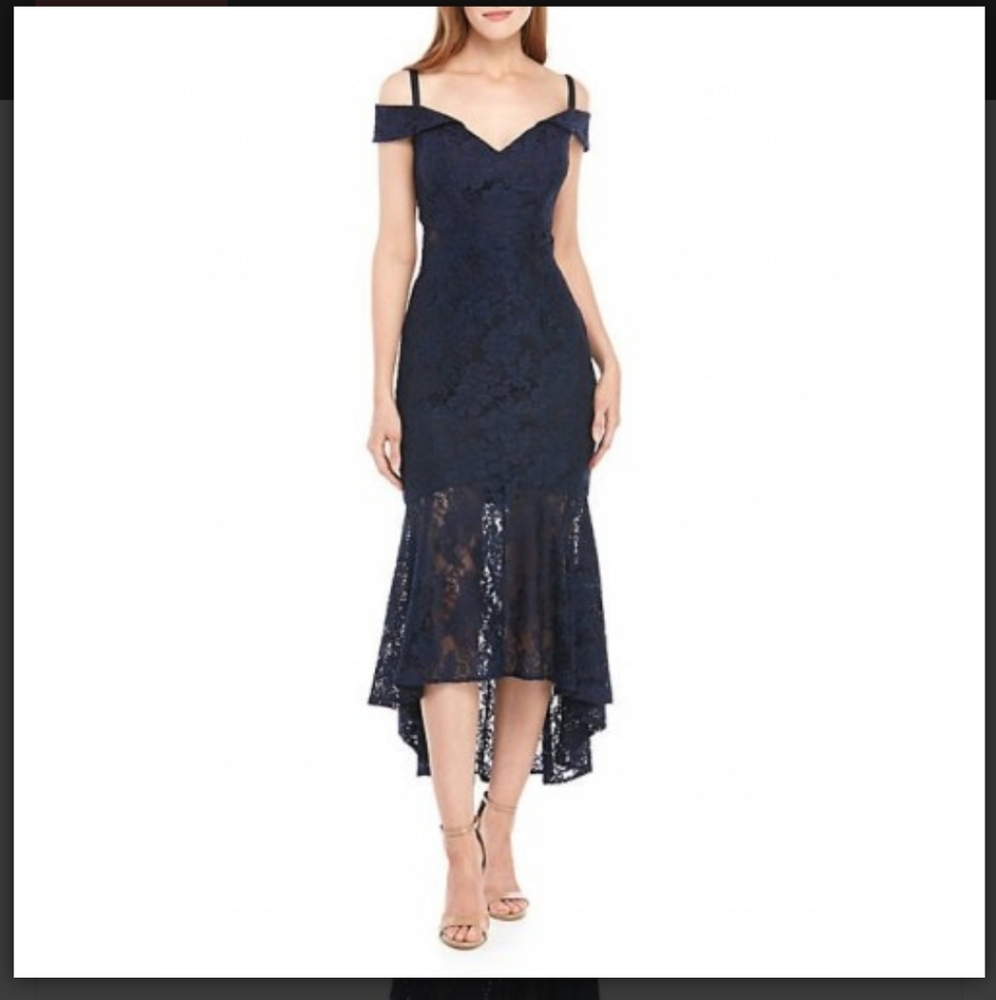 Xscape off shoulder lace  midi flounce dress